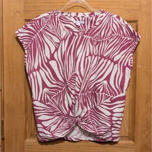 Chico's Jungle Inverted Knot Front Tee Sz 1 Medium Purple Ruched Waist Tropical